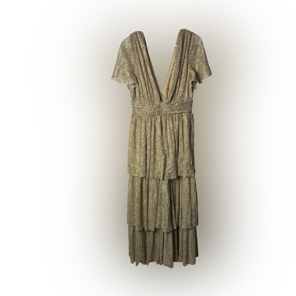 LULU’S NWT Gold Metallic Tiered Maxi Dress Plunge V Neck Flutter Sleeve Formal L - Picture 5 of 9